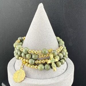 Vintage Connemara Marble Wrap Bracelet Gold Tone‎ Cross Religious Charm 7.5
